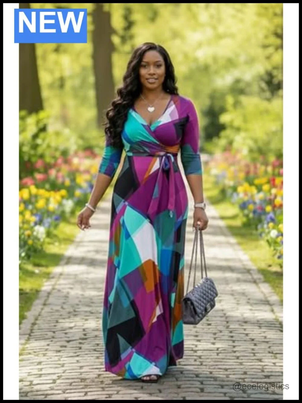 Plus Size Maxi Dress V-Neck 3/4 Sleeve Floral Wrap with Pockets & Belt